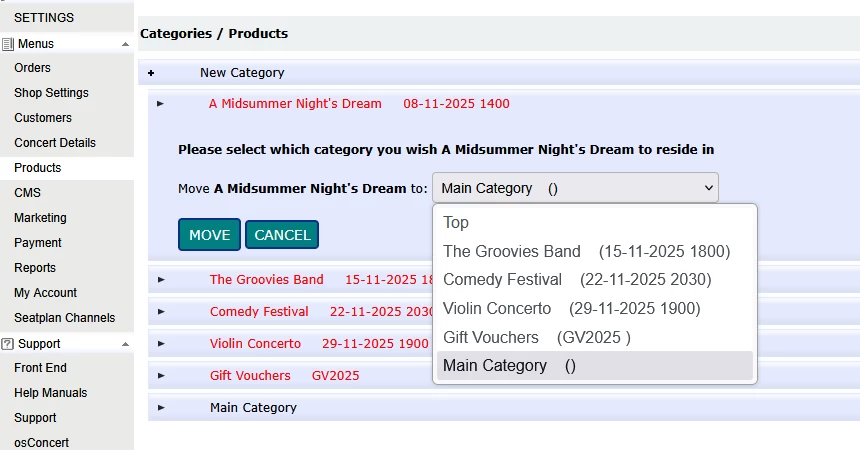 How to set up performances as sub-categories